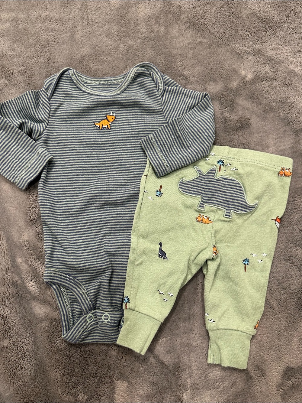 Carter's Gray Striped Bodysuit & Light Green Dino Pants Set